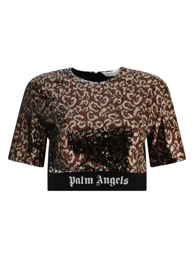 Palm Angels Women's "sequins Logo Tape" T-shirt In Brown