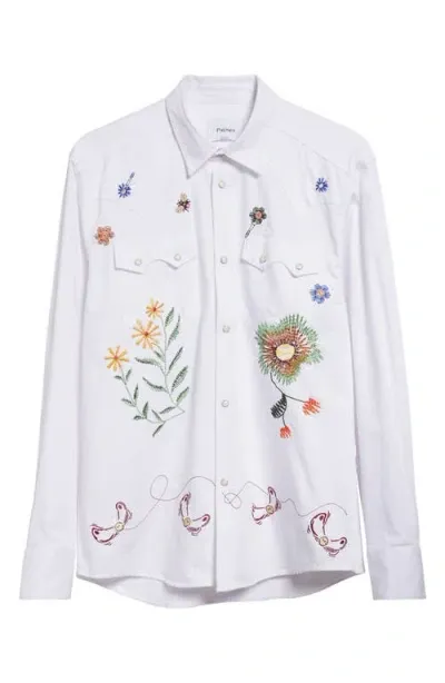 Palmes Floral Embroidered Western Snap-up Shirt In White