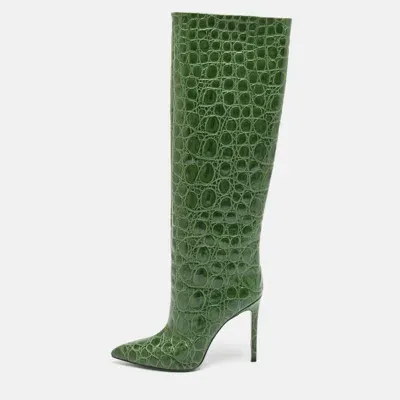 Pre-owned Paris Texas Green Croc Embossed Leather Knee Length Boots Size 39