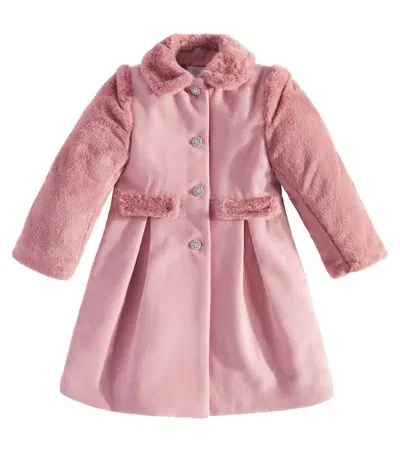 Patachou Kids' Faux Fur And Tweed Coat In Pink