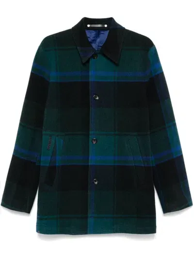 Paul Smith Wool Blend Coat With Plaid Check Pattern In Green