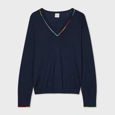 Paul Smith Women's Navy Merino Knitted V Neck Sweater Blue