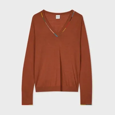 Paul Smith Women's Terracotta Merino Knitted V Neck Sweater Orange