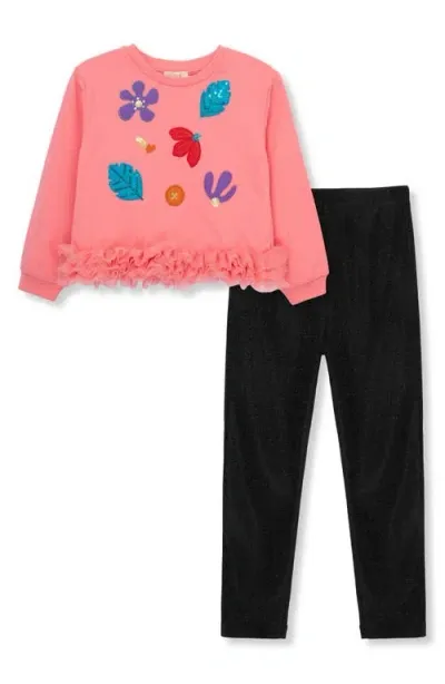 Peek Aren't You Curious Kids' Mesh Ruffle Long Sleeve Sweatshirt & Leggings Set In Pink