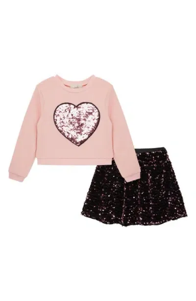 Peek Aren't You Curious Kids' Sequin Heart Sweatshirt & Skirt Set In Light Pink