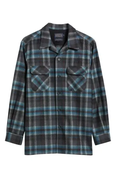 Pendleton Board Plaid Wool Flannel Shirt In Grey Mix/aqua Plaid