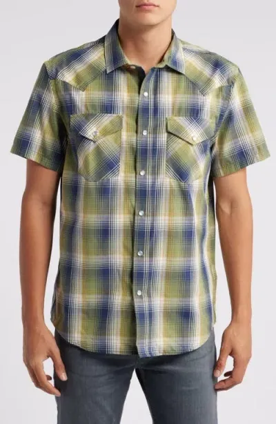 Pendleton Frontier Plaid Short Sleeve Snap-up Western Shirt In Green/navy Plaid