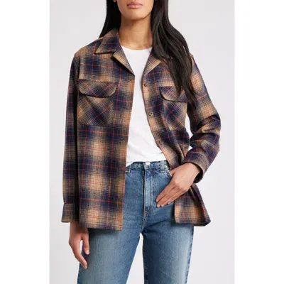 Pendleton Plaid Wool Overshirt In Brown/navy/red Plaid