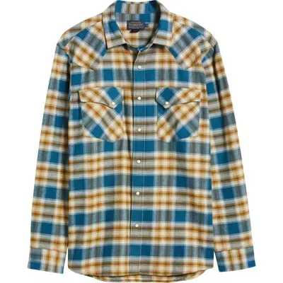 Pendleton Wyatt Plaid Cotton Snap-up Shirt In Blue/bronze Plaid