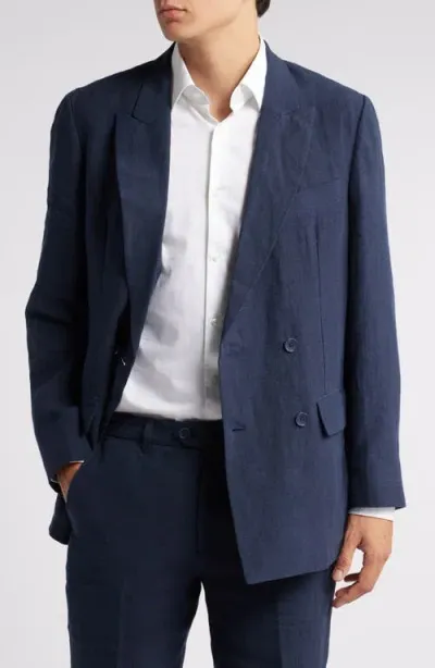 Percival Double Breasted Linen Blazer In Navy