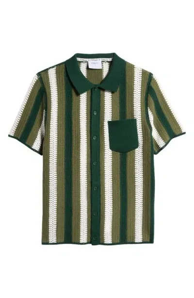 Percival Pathos Stripe Crochet Short Sleeve Organic Cotton Button-up Shirt In Forest