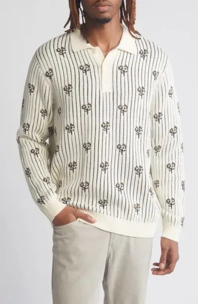 Percival Picnic Floral Jacquard Long Sleeve Cotton Polo Sweater In Ecru