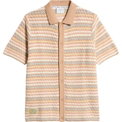 Percival Sari Stripe Short Sleeve Cotton Button-up Sweater In Ecru