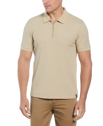 Perry Ellis Men's Quarter Zip Ribbed Polo In White Pepper,beige