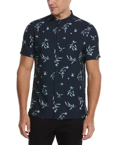 Perry Ellis Men's Total Stretch Floral Print Banded Collar Shirt In Dark Sapphire,blue