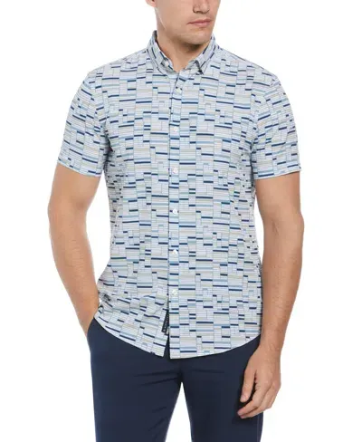 Perry Ellis Men's Total Stretch Slim Fit Geo Tile Print Shirt In Bright White,blue