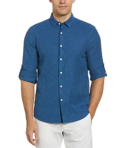 Perry Ellis Men's Untucked Slim Fit Linen Blend Rolled Sleeve Shirt - Blue In Delft,blue