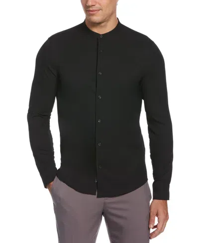 Perry Ellis Men's Untucked Total Stretch Slim Fit Banded Collar Shirt - Black, Size Small, 100% Polyester, Solid