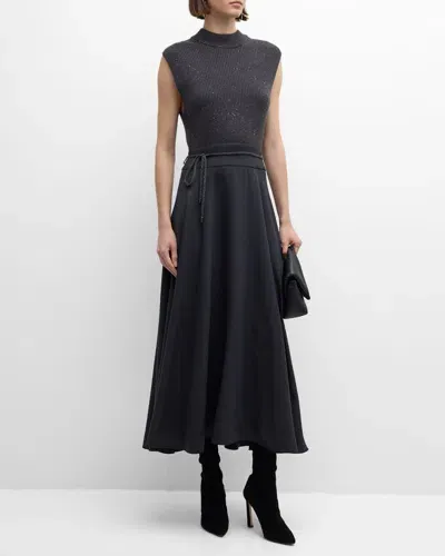 Peserico Sleeveless Mixed Media Midi Dress In Graphite