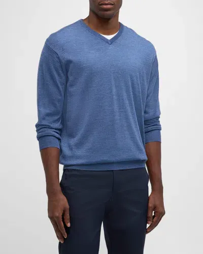 Peter Millar Men's Autumn Crest V-neck Sweater In Ocean Blue