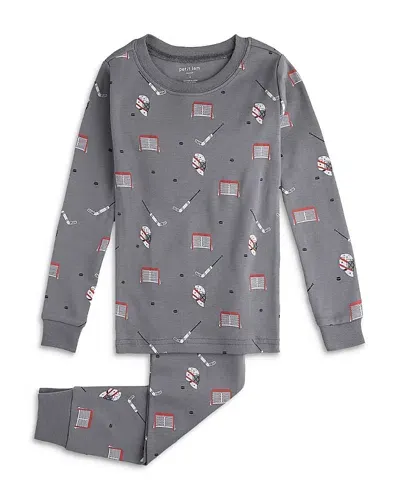 Petit Lem Kids' Hockey Gear Print Fitted Organic Cotton Two-piece Pajamas In Dusty Blue