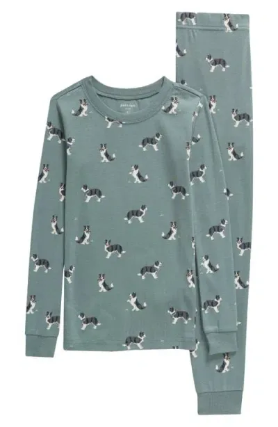 Petit Lem Kids' Australian Shepard Print Fitted Organic Cotton Two-piece Pajamas In Turquoise