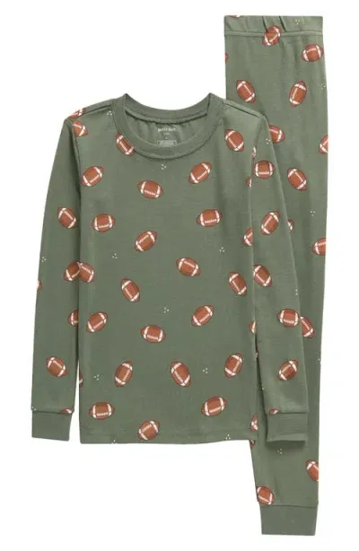 Petit Lem Kids' Football Print Fitted Organic Cotton Two-piece Pajamas In Green