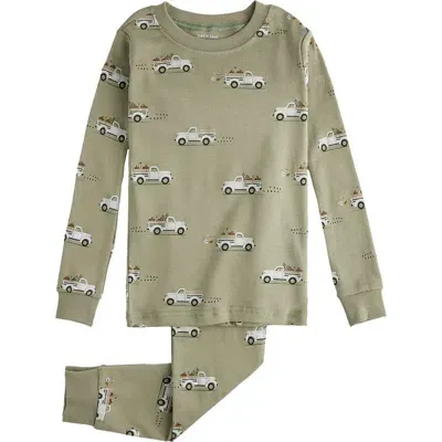 Petit Lem Kids' Pumpkin Pickup Print Organic Cotton Fitted Two-piece Pajamas In Green