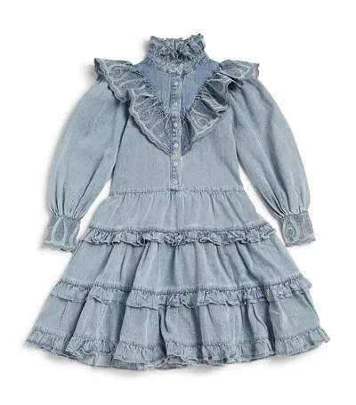 Petite Amalie Kids' Ruffled Embroidered Chambray Dress In Blue