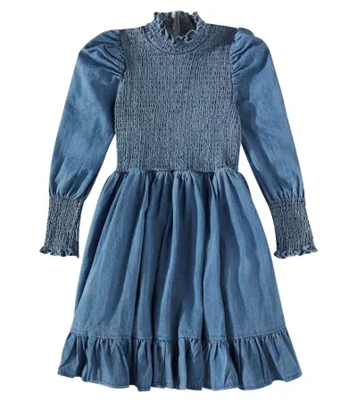 Petite Amalie Kids' Shirred Cotton Chambray Dress In Blue