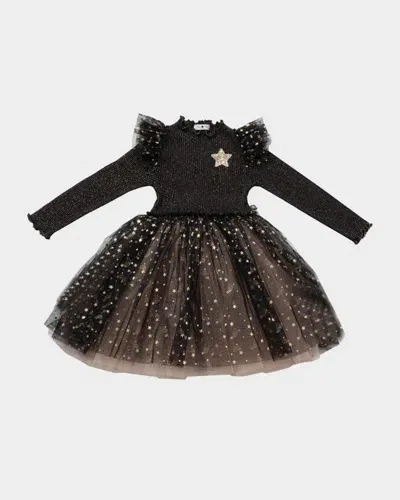 Petite Hailey Kids' Girl's Golden Star Frill Tutu Dress In Black