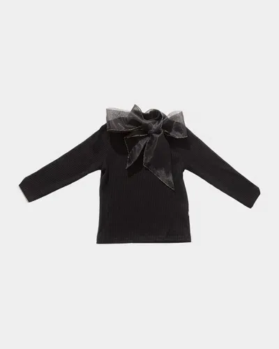 Petite Hailey Kids' Girl's Nova Ribbed Top W/ Ribbon In Black