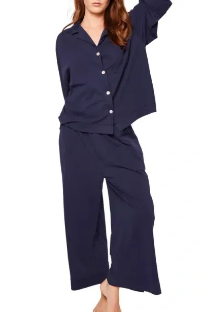 Petite Plume Olivia Wide Leg Pima Cotton Pajamas In Navy