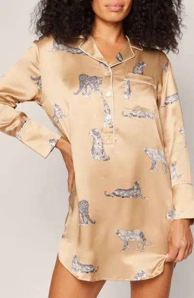 Petite Plume Panther Print Mulberry Silk Nightgown In Beige