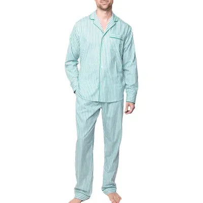 Petite Plume Ticking Stripe Cotton Twill Pajamas In Green