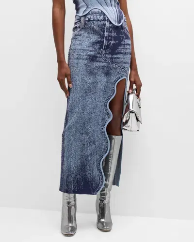 Ph5 Lily Denim-print Wavy Slit Midi Skirt In Indigo