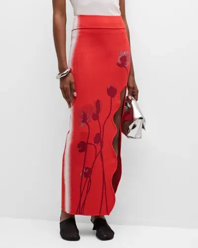 Ph5 Lily Flower Wavy Slit Midi Skirt In Red Tulip