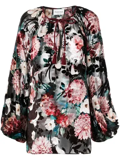 Phaeonia Floral-print Bishop-sleeves Blouse In Black