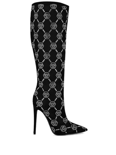 Philipp Plein 120mm Monogram-pattern Satin Boots In Black