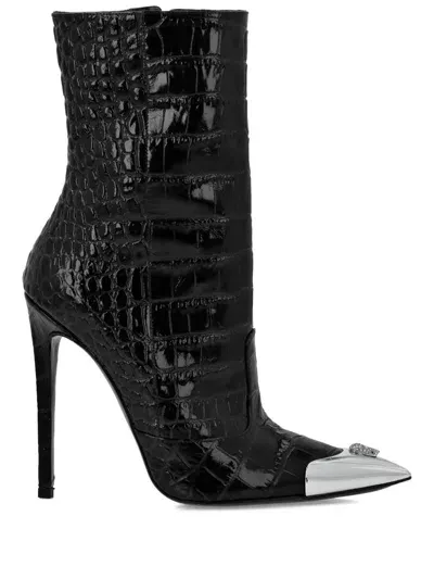 Philipp Plein 120mm Skull-appliqué Croco Boots In Black