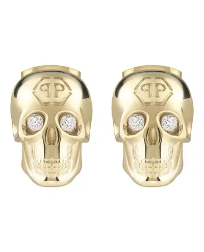 Philipp Plein Gold-tone Ip Stainless Steel Pave 3d $kull Stud Earrings In Ip Yellow Gold