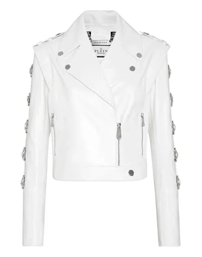 Philipp Plein Crystal-embellished Biker Jacket In White