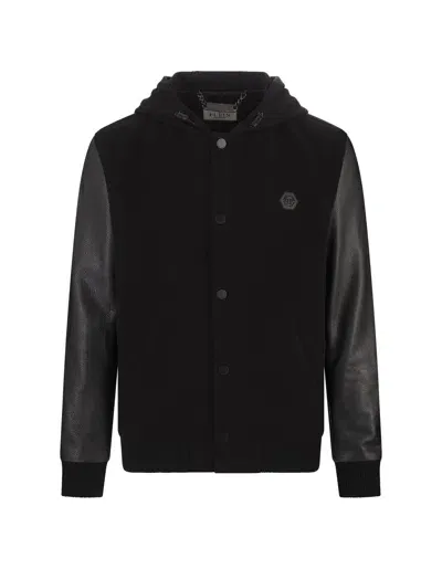 Philipp Plein Black Hoodie Sweatjacket With Leather Sleeves