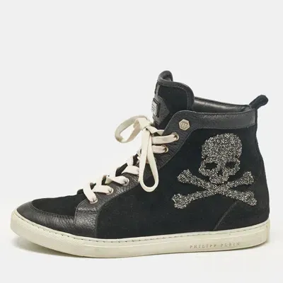 Pre-owned Philipp Plein Black Leather Suede Skull High Top Sneakers Size 40