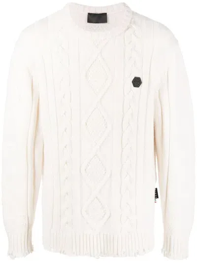 Philipp Plein Cable-knit Distressed-finish Jumper In White