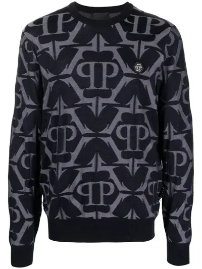 Philipp Plein Chrome Patterned-intarsia Sweatshirt In Blue