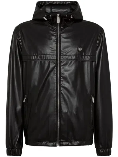 Philipp Plein Logo-appliqué Hooded Leather Jacket In Schwarz