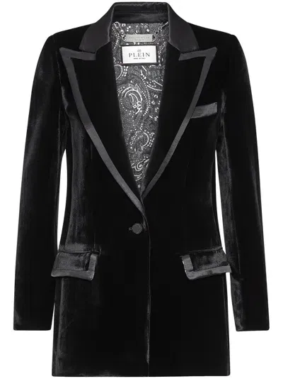 Philipp Plein Contrasting-trim Velvet Blazer In Black