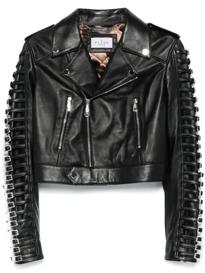 Philipp Plein Crystal-buckle Biker Jacket In Black