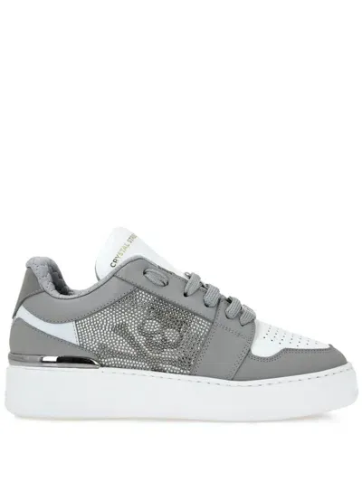 Philipp Plein Crystal Lo-top Leather Sneakers In Grey